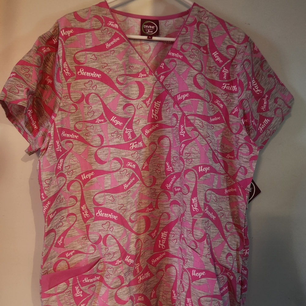 Pink and Gray Ribbon Print Scrub Top